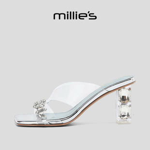 MILLIE'S/妙丽露趾粗跟一脚蹬透明绑带日常通勤百搭时尚罗马凉鞋