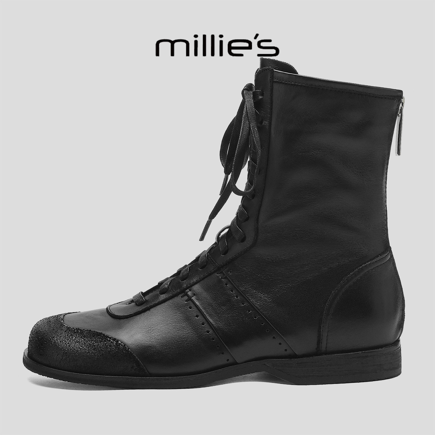 MILLIE'S/妙丽黑色系带马丁靴女短靴百搭时装靴子后拉链个性女靴