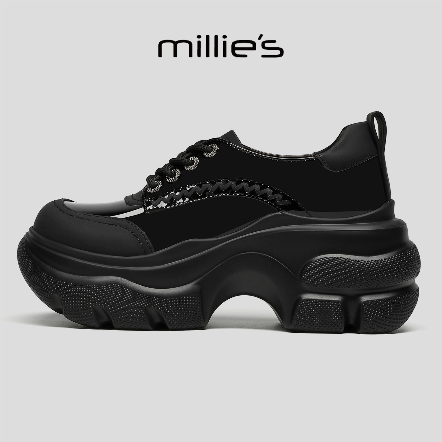 MILLIE'S/妙丽爆款2026黑色厚底老爹鞋女时尚增高休闲百搭小个子