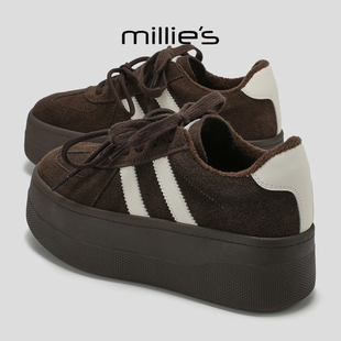 MILLIE'S/妙丽2025新款女鞋厚底增高加绒双系带通勤休闲百搭板鞋