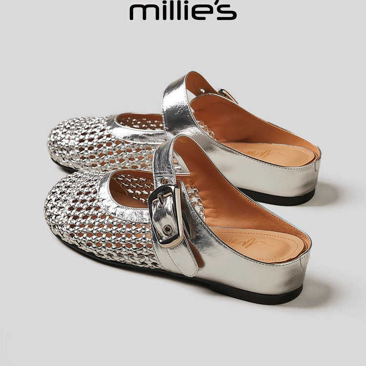 MILLIE'S/妙丽圆头平底懒人一脚蹬乐福鞋银色网状编织包头女拖鞋,女鞋,健步鞋,淘宝优惠券,粉丝福利购,淘宝优惠卷