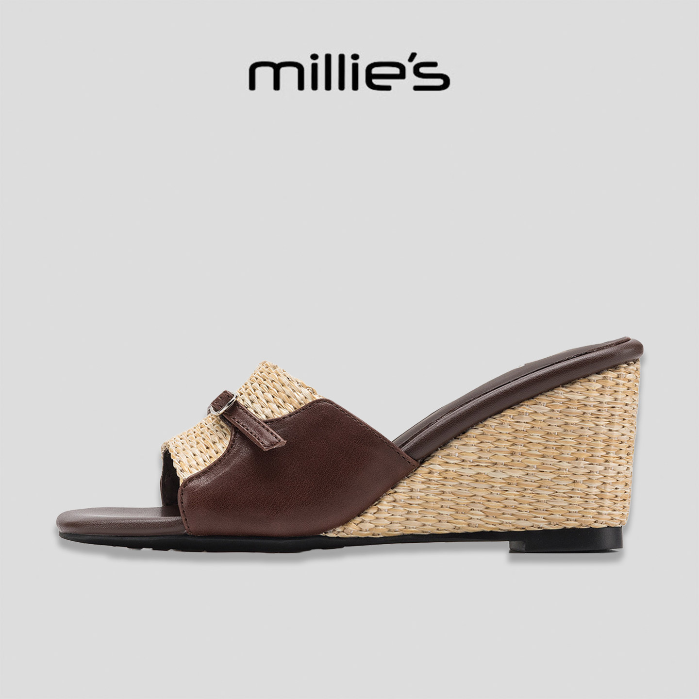 MILLIE'S/妙丽时尚外穿一字拖女夏2026新款编织皮带扣坡跟凉拖鞋G