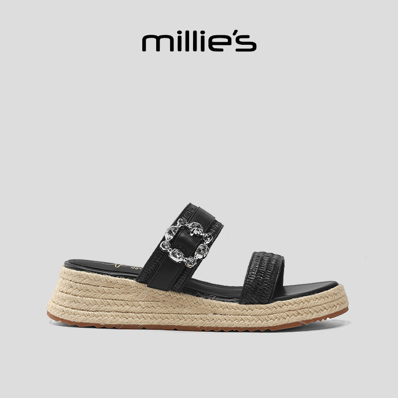 MILLIE'S/妙丽露趾厚底精致搭扣拼接设计沙滩度假风时尚休闲拖鞋,女鞋,一字拖,淘宝优惠券,粉丝福利购,淘宝优惠卷