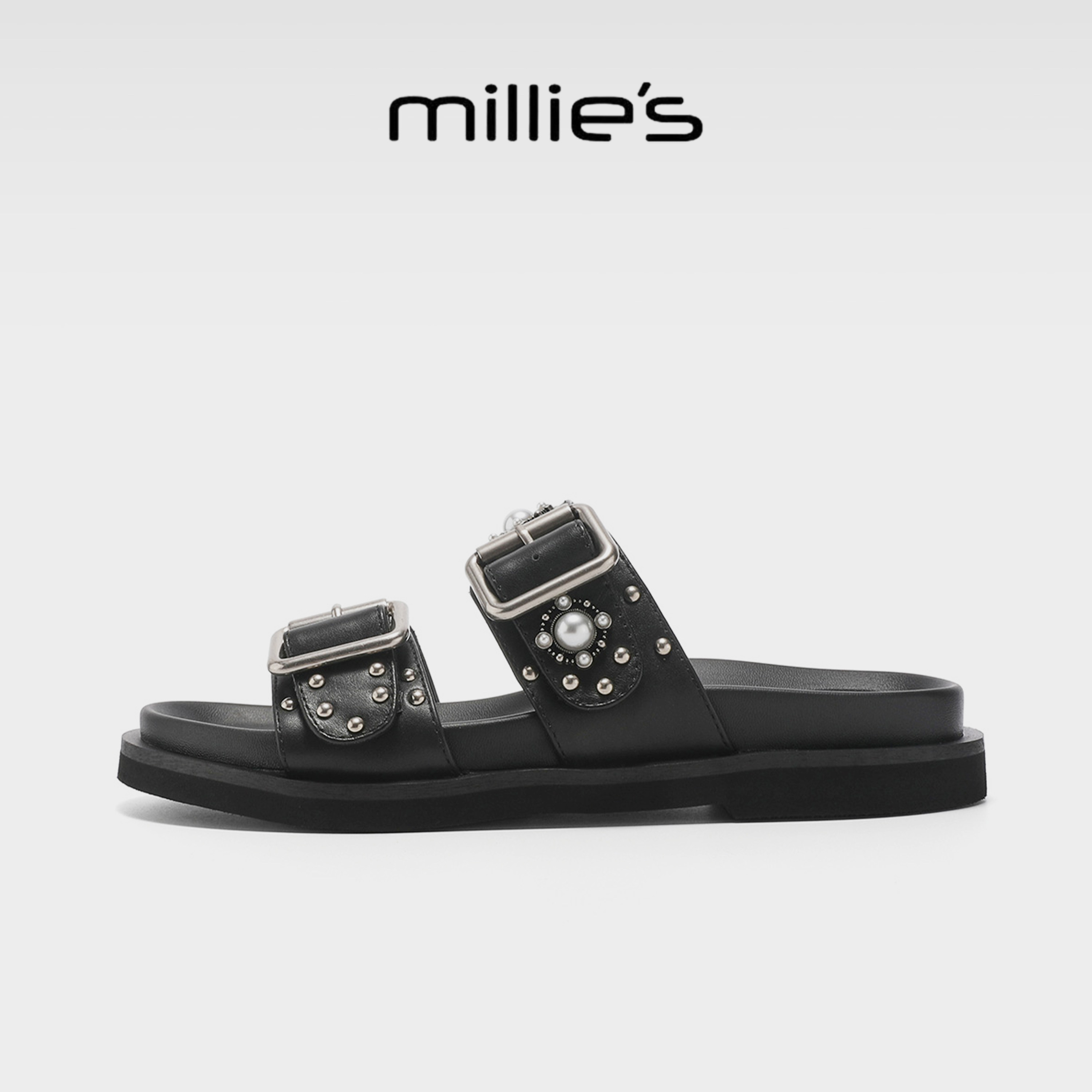 MILLIE'S/妙丽2026英伦风双扣带铆钉一字拖女平底软底轻便凉拖鞋G
