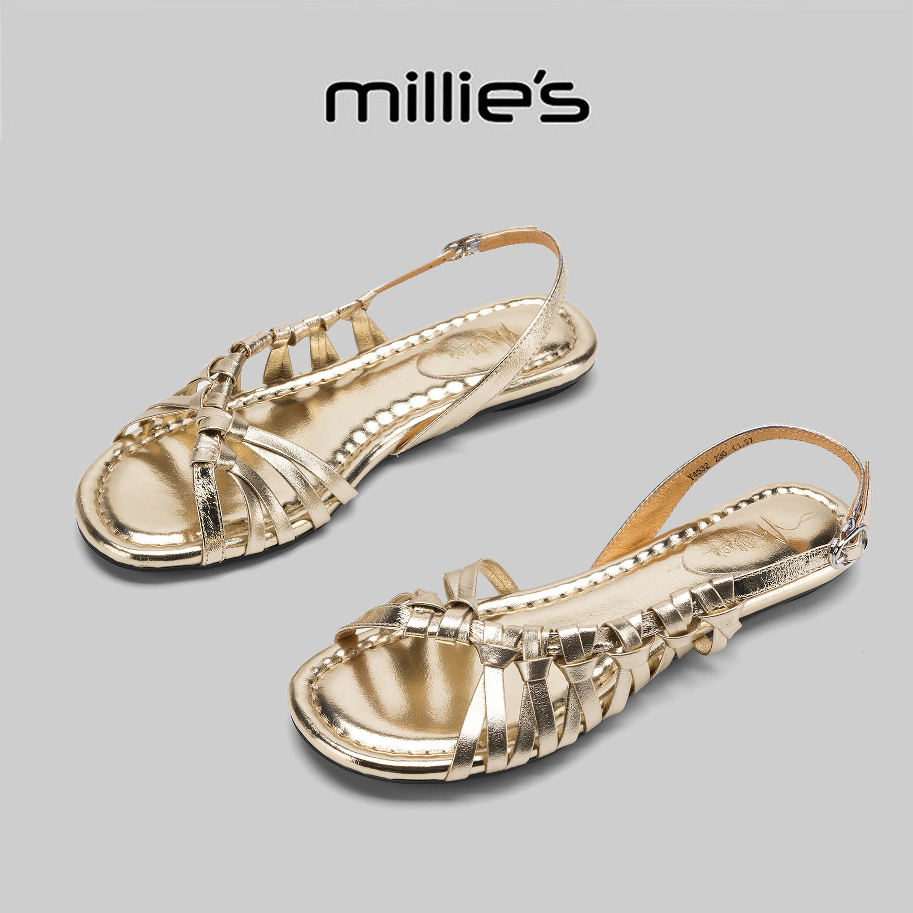 MILLIE'S/妙丽2026夏季新款镂空编织平底罗马绑带套脚时尚女凉鞋