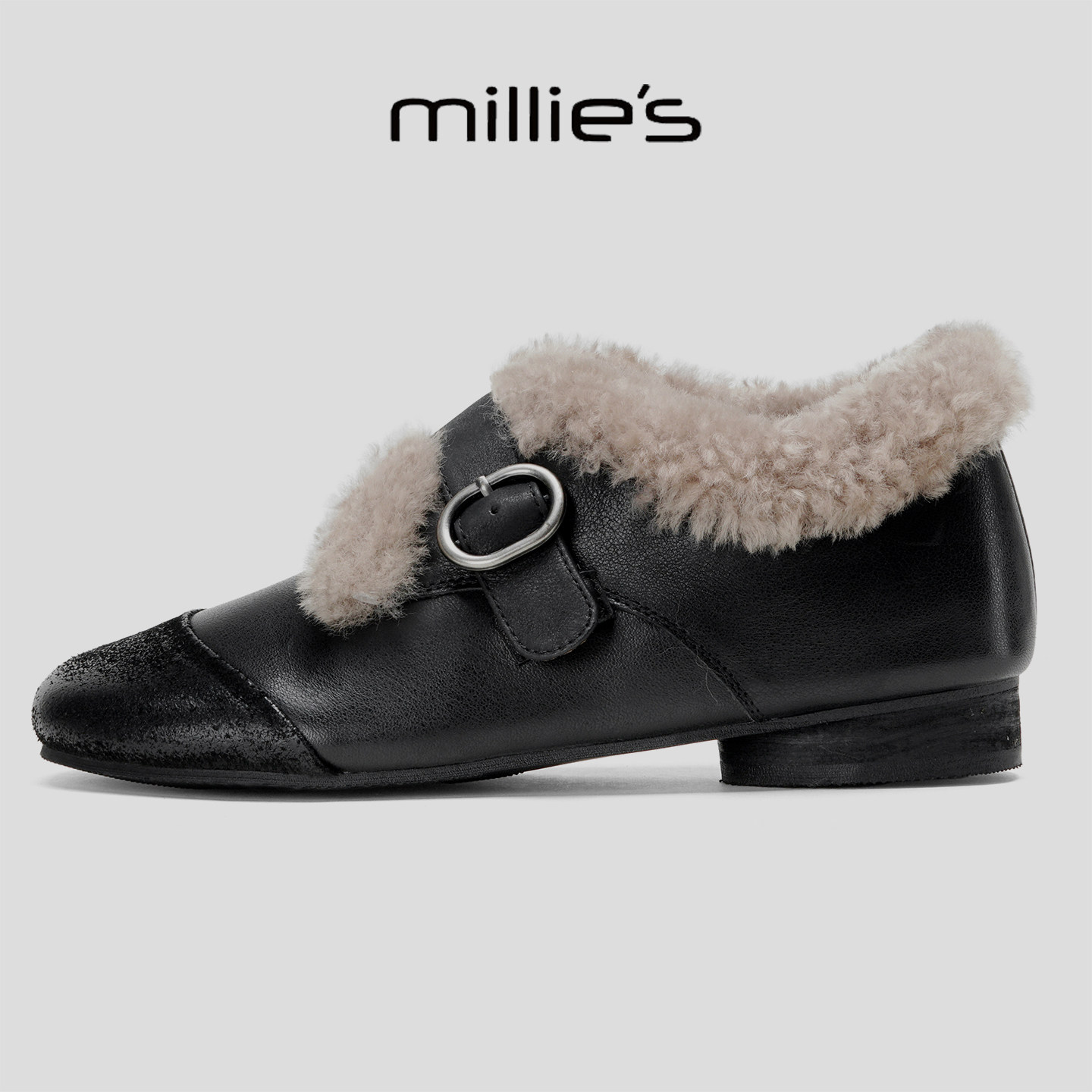 MILLIE'S/妙丽金属扣带毛毛鞋女2026新款加绒一脚蹬保暖乐福鞋,女鞋,工装鞋,淘宝优惠券,粉丝福利购,淘宝优惠卷
