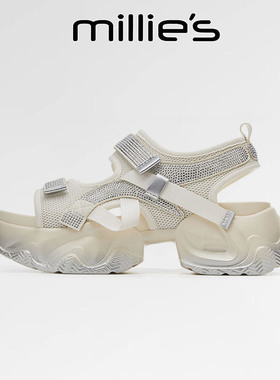 MILLIE'S/ 妙丽厚底增高凉鞋 白色亮片银魔术贴简约时尚百搭女鞋