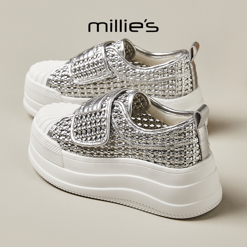 MILLIE'S/妙丽圆头平底一脚蹬时尚百搭舒适透气不累脚休闲板鞋女