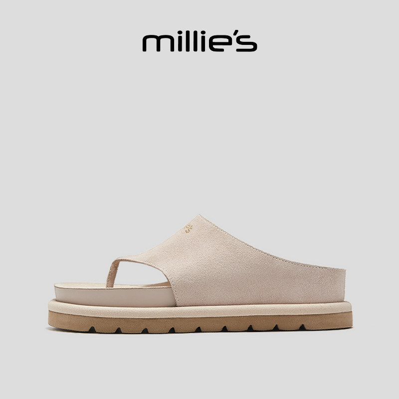 MILLIE'S/妙丽圆头平底法式优雅气质时尚百搭舒适不累脚高跟凉鞋
