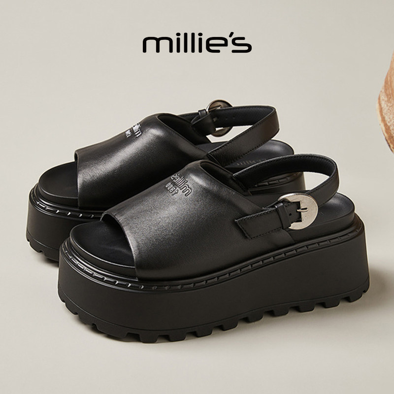 MILLIE'S/妙丽黑色厚底罗马凉鞋女一字带松糕鞋增高小个子夏新款