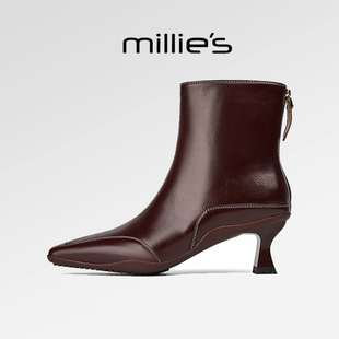 millies妙丽 高跟轻奢时髦知性风百搭增高真皮面料女短靴秋冬季