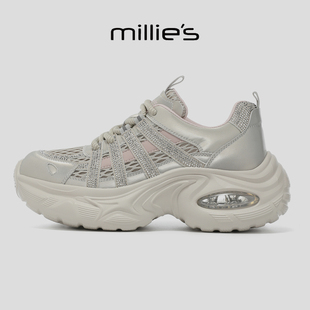 MILLIE'S/妙丽2025新款厚底增高百搭休闲鞋女网面透气运动鞋