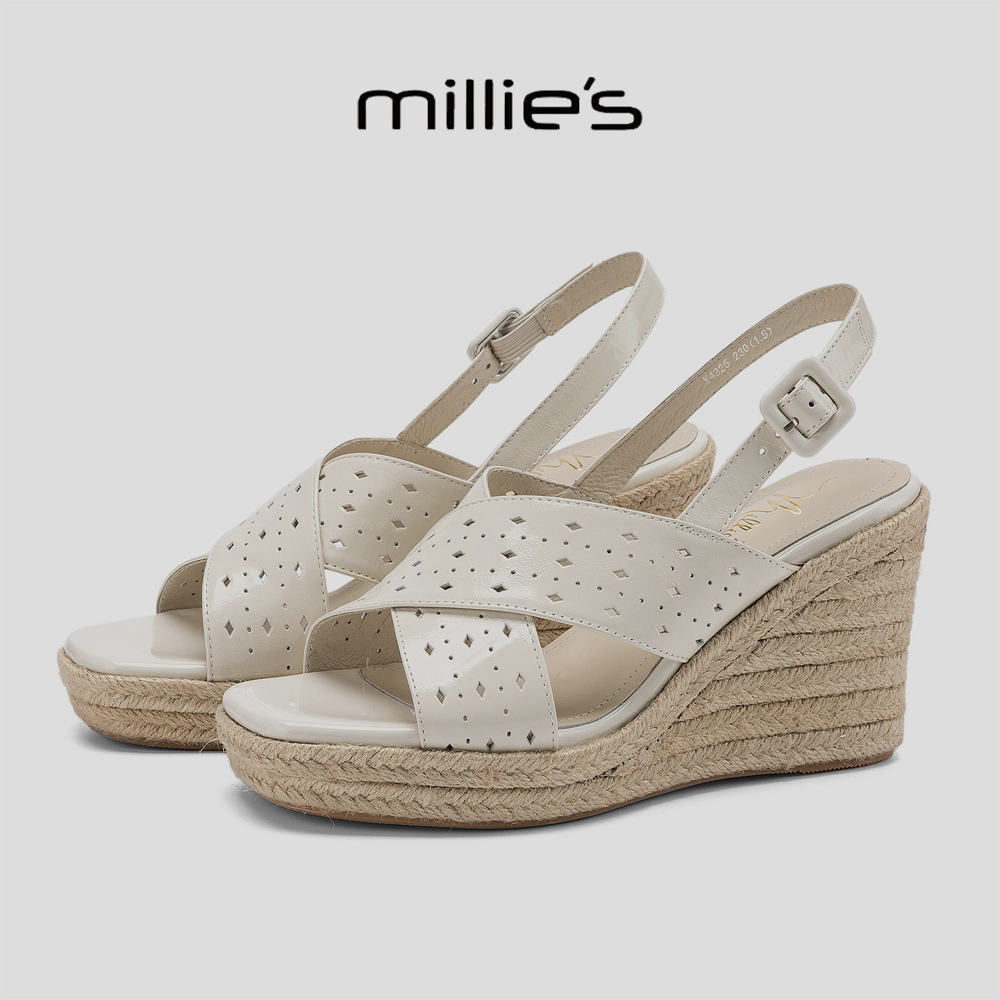 MILLIE'S/妙丽坡跟草编凉鞋女交叉带镂空露趾搭扣舒适显高沙滩鞋