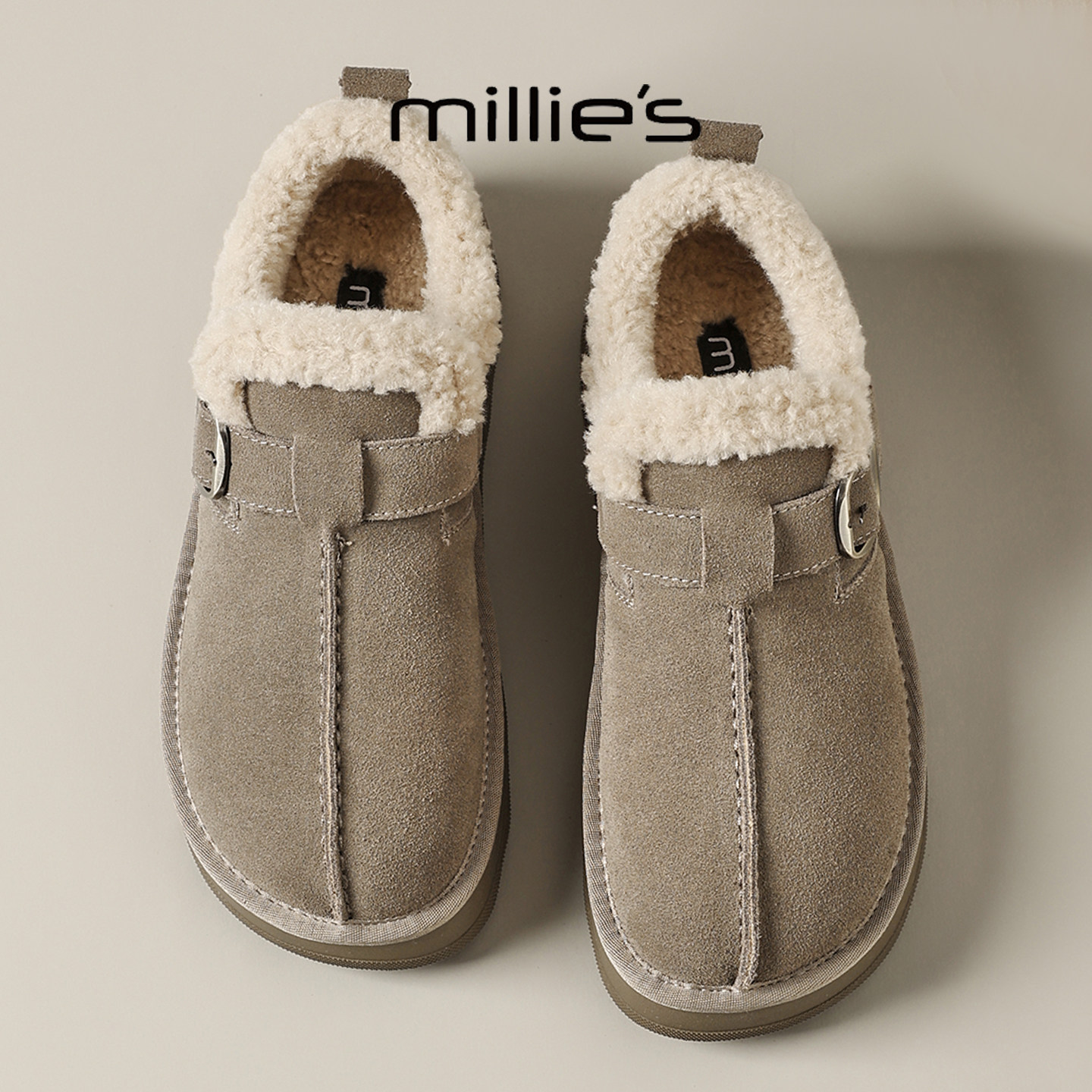 MILLIE'S/妙丽妙丽毛毛勃肯鞋女冬季加绒保暖卡其棉鞋搭扣休闲鞋,女鞋,棉鞋,淘宝优惠券,粉丝福利购,淘宝优惠卷