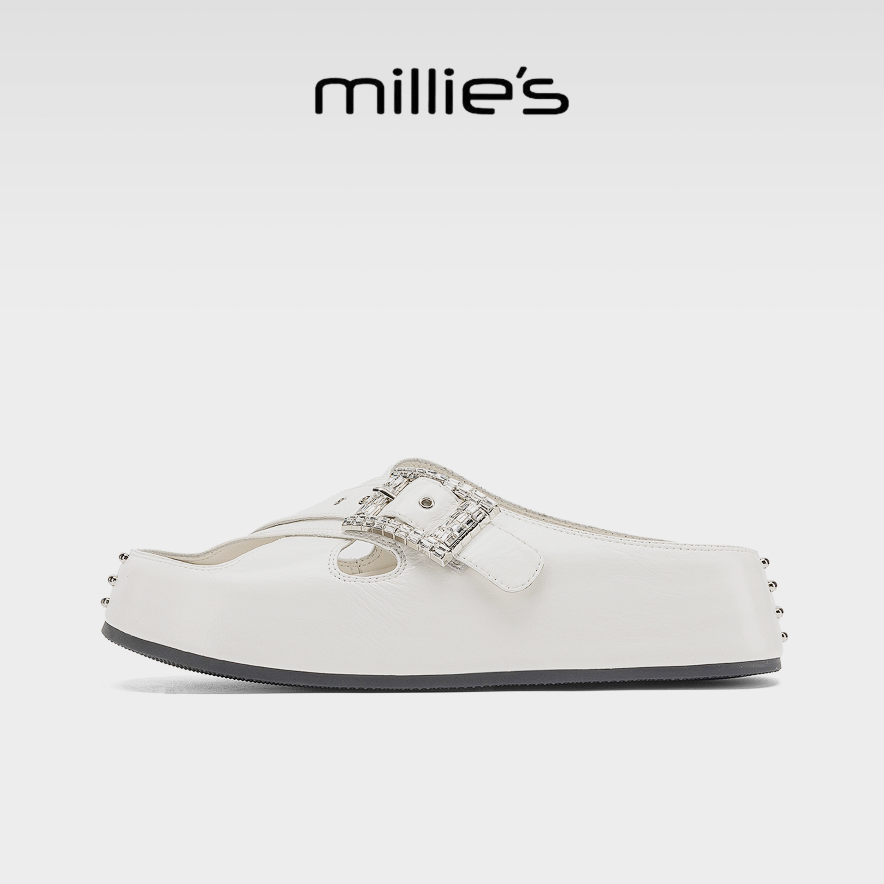 MILLIE'S/妙丽真皮厚底水钻皮带扣一字拖女时尚休闲白色夏凉拖鞋G