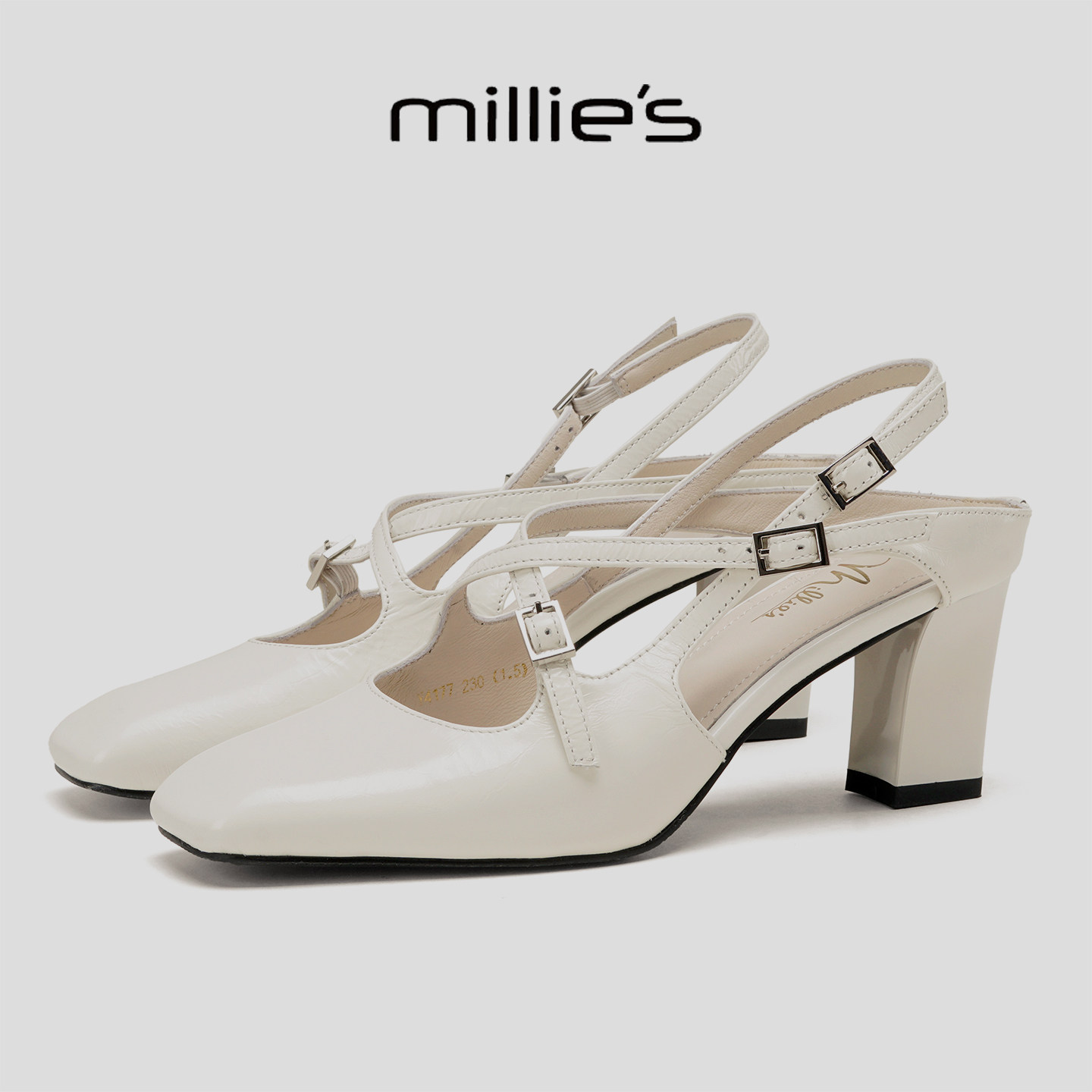 MILLIE'S/妙丽法式复古交叉带粗跟包头凉鞋方头玛丽珍气质高跟鞋