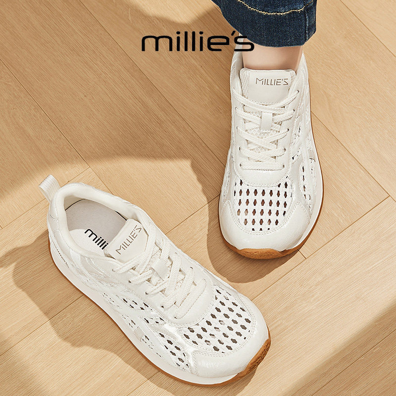 MILLIE'S/妙丽2026新款透气镂空阿甘鞋女款厚底网面休闲运动鞋