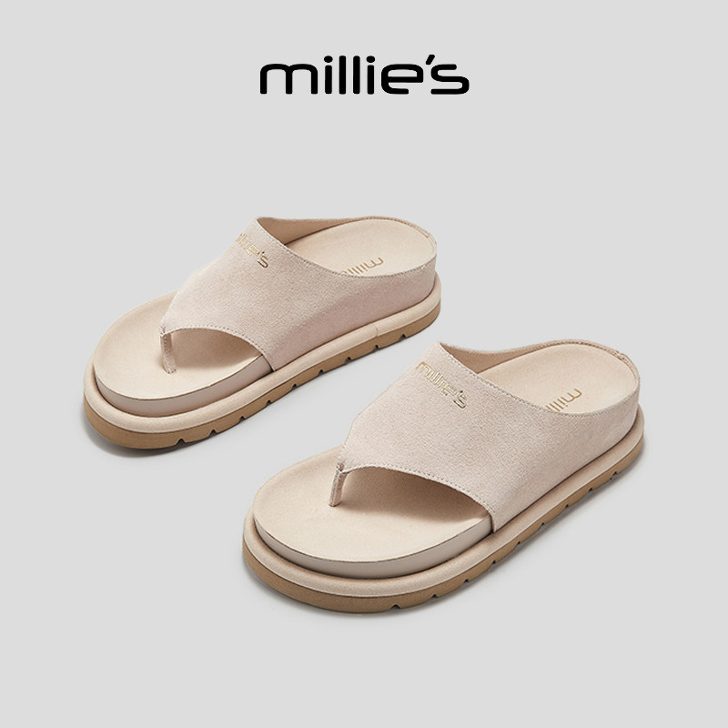 MILLIE'S/妙丽圆头平底复古风时尚百搭舒适透气不累脚休闲凉鞋女