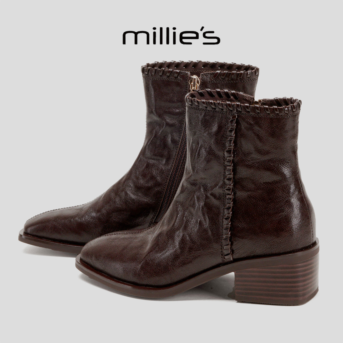 MILLIE'S/妙丽2025冬季新款加绒保暖英伦风粗跟短靴复古切尔西靴Q,女鞋,切尔西靴,淘宝优惠券,粉丝福利购,淘宝优惠卷