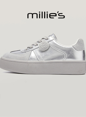 millies妙丽 2025新款圆头厚底爆款银色女鞋百搭时尚休闲板鞋春秋