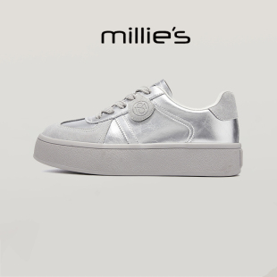2025新款 休闲板鞋 圆头厚底爆款 百搭时尚 春秋 银色女鞋 millies妙丽