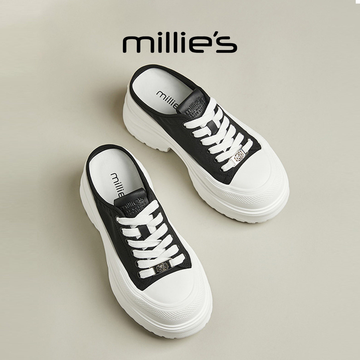 MILLIE'S/妙丽潮流厚底系带勃肯鞋女黑白撞色休闲板鞋增高小个子