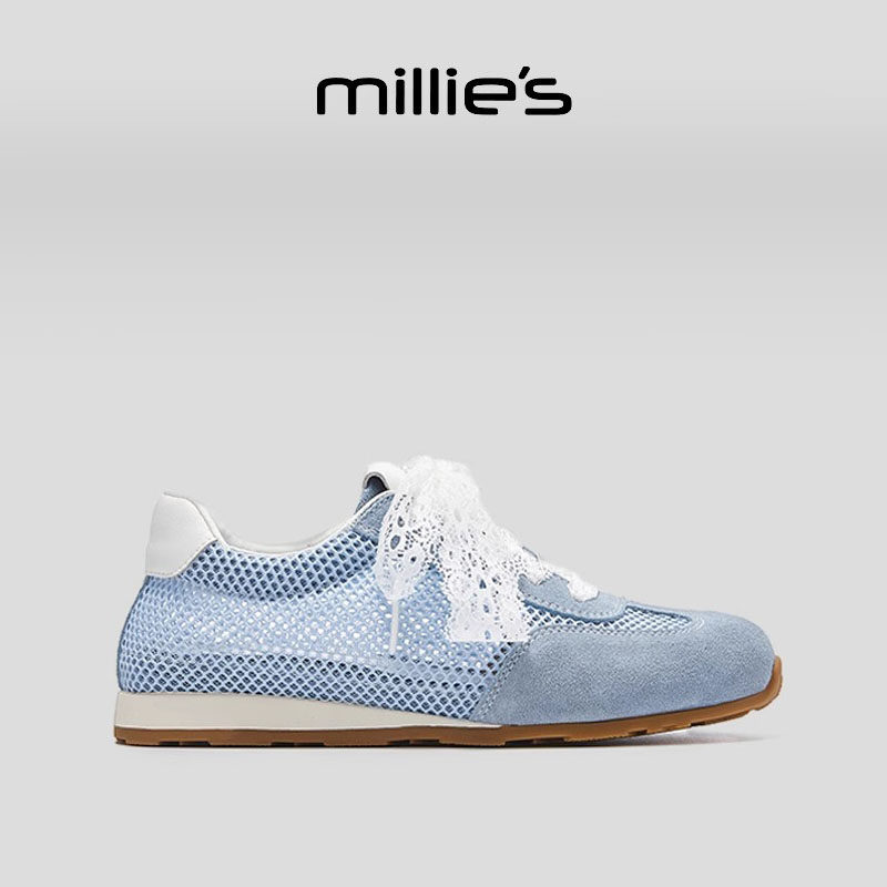 MILLIE'S/妙丽圆头平底复古拼接蕾丝系带设计感时尚休闲运动鞋女,女鞋,网面鞋,淘宝优惠券,粉丝福利购,淘宝优惠卷