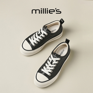 MILLIE'S/妙丽简约厚底休闲鞋女黑色系带板鞋百搭增高舒适运动鞋