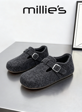 MILLIE'S/妙丽加绒勃肯鞋平底灰色毛毛鞋魔术贴休闲一脚蹬乐福鞋