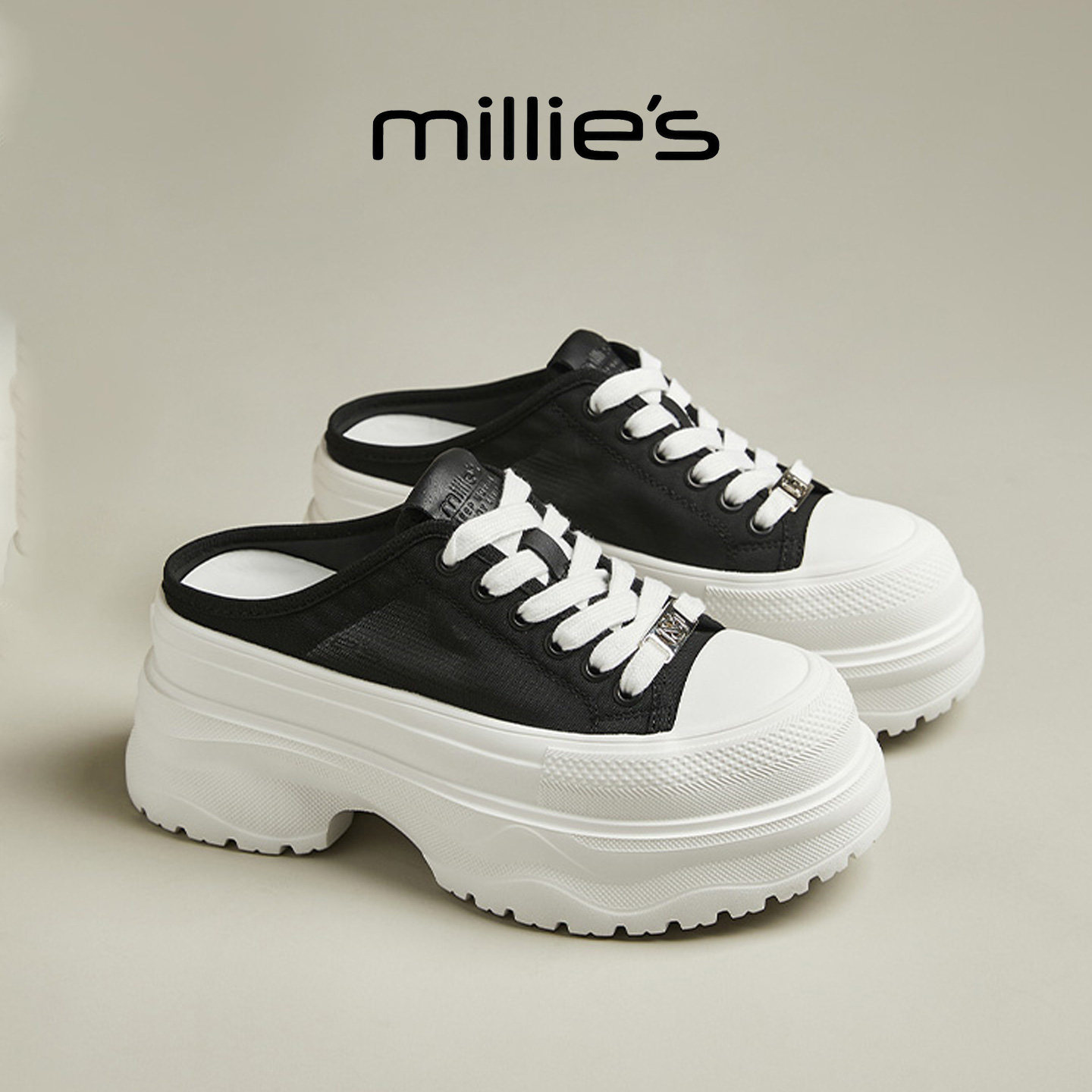MILLIE'S/妙丽巨好看厚底德训鞋女黑色系带休闲鞋增高百搭运动鞋