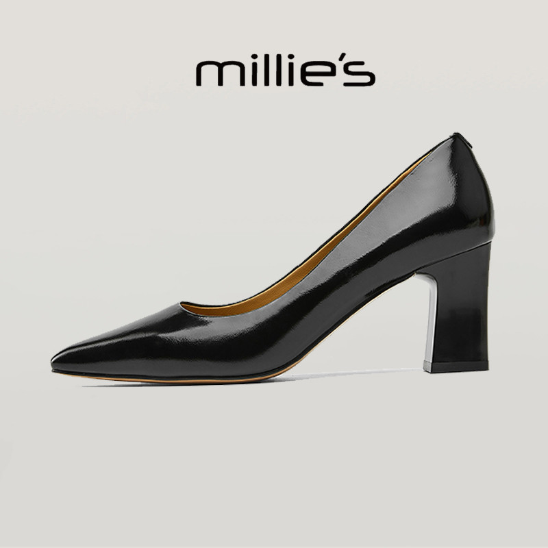MILLIE'S/妙丽尖头细粗跟低帮鞋 套脚时尚女鞋简约百搭单鞋春季