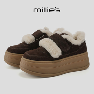 MILLIE'S/妙丽2025新款加绒通勤女鞋保暖巨好看厚底松糕底毛毛鞋