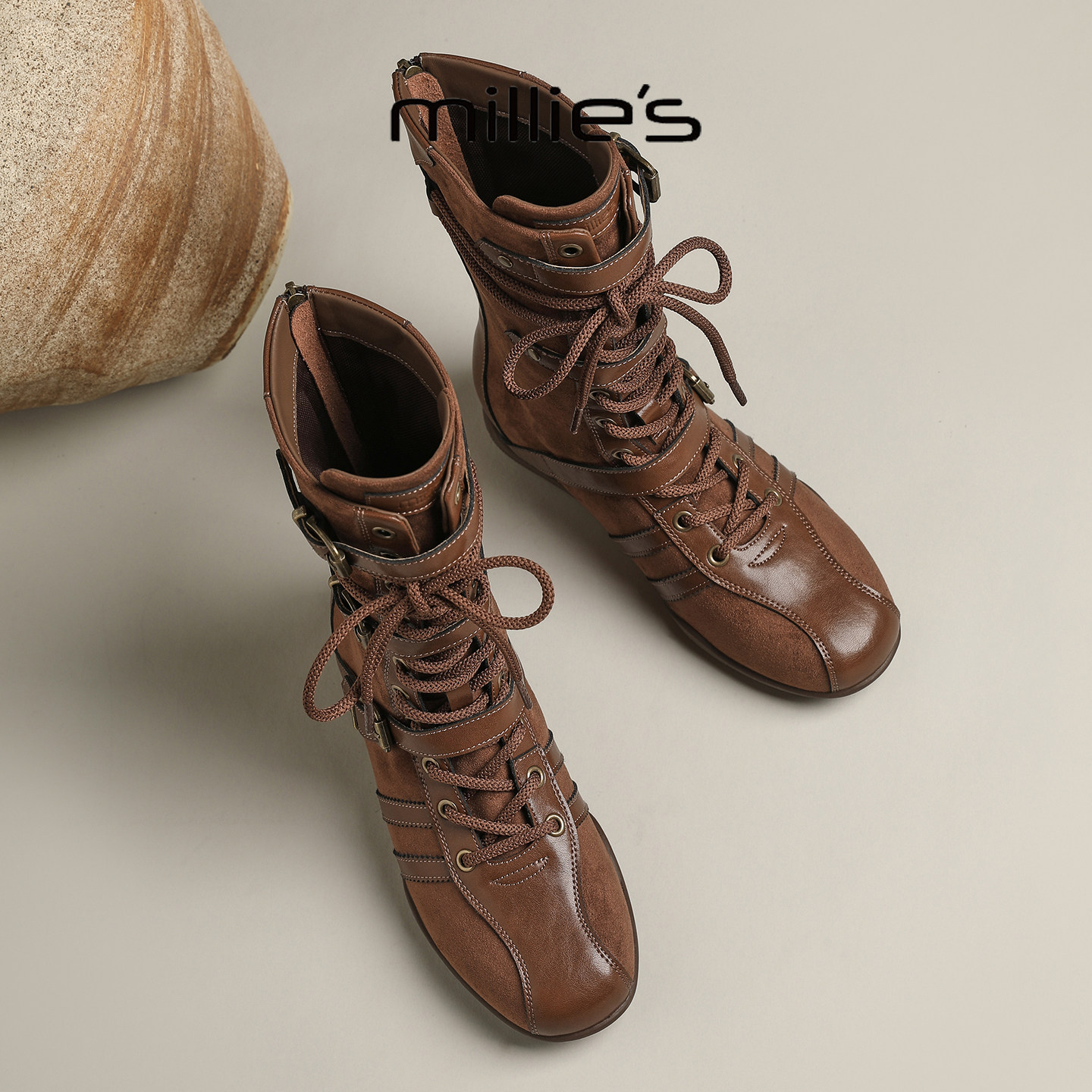 MILLIE'S/妙丽2026新款复古绑带休闲短靴平底中筒德训高帮靴子