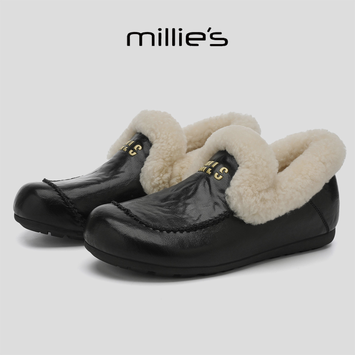 MILLIE'S/妙丽加绒保暖毛毛鞋女一脚蹬乐福鞋黑色英伦风休闲鞋,女鞋,勃肯鞋/软木鞋,淘宝优惠券,粉丝福利购,淘宝优惠卷