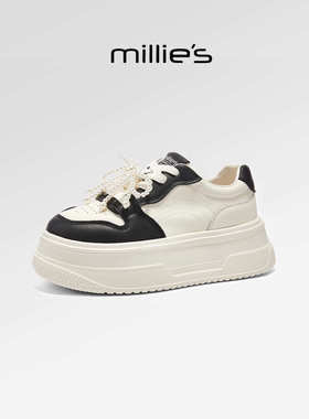 millies妙丽 小白鞋黑白撞色松糕珍珠绑带厚底牛皮休闲板鞋女秋冬