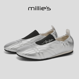 MILLIE'S/妙丽拼料银色平底穆勒鞋女真皮一脚蹬百搭休闲鞋舒适