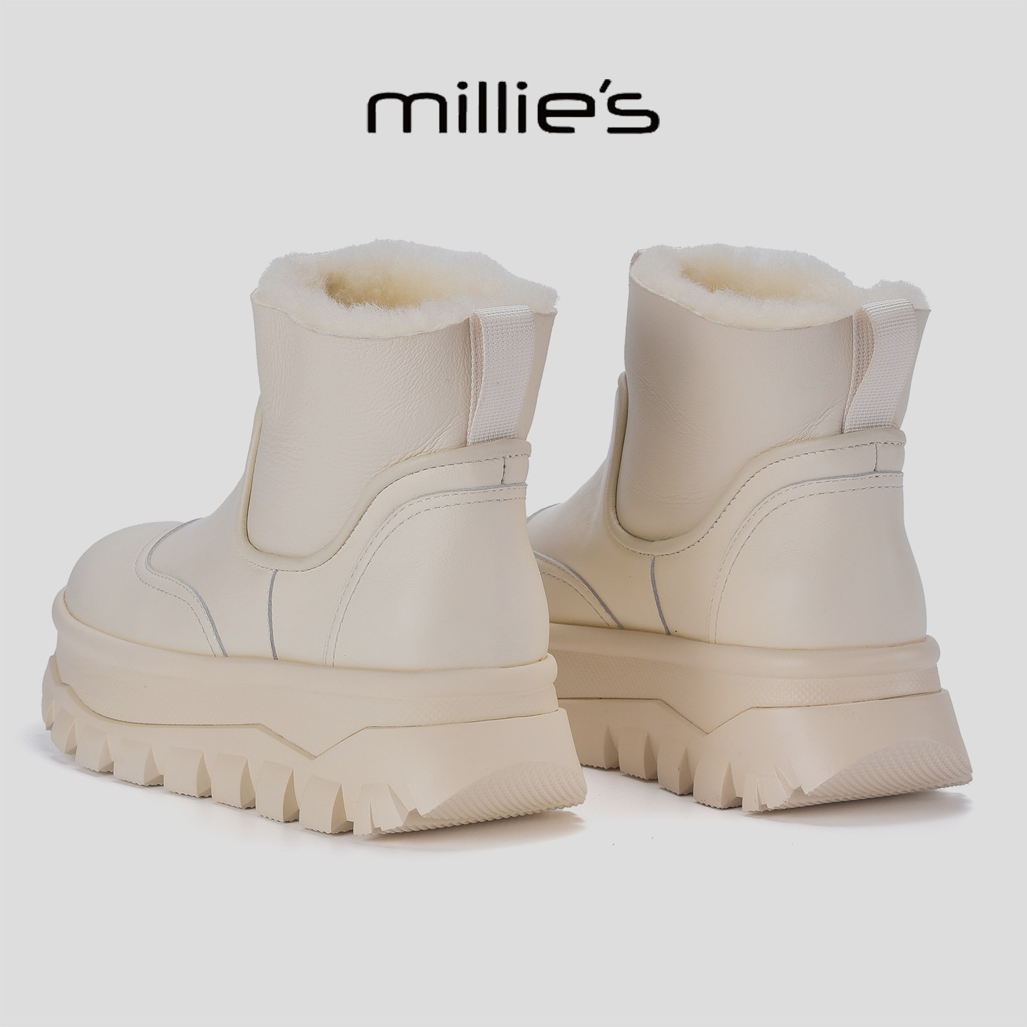 MILLIE'S/妙丽新款加绒保暖白色短靴毛茸茸时尚小个子增高雪地靴