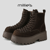 妙丽新款 MILLIE 加绒加厚保暖英伦风马丁靴系带厚底增高短靴女