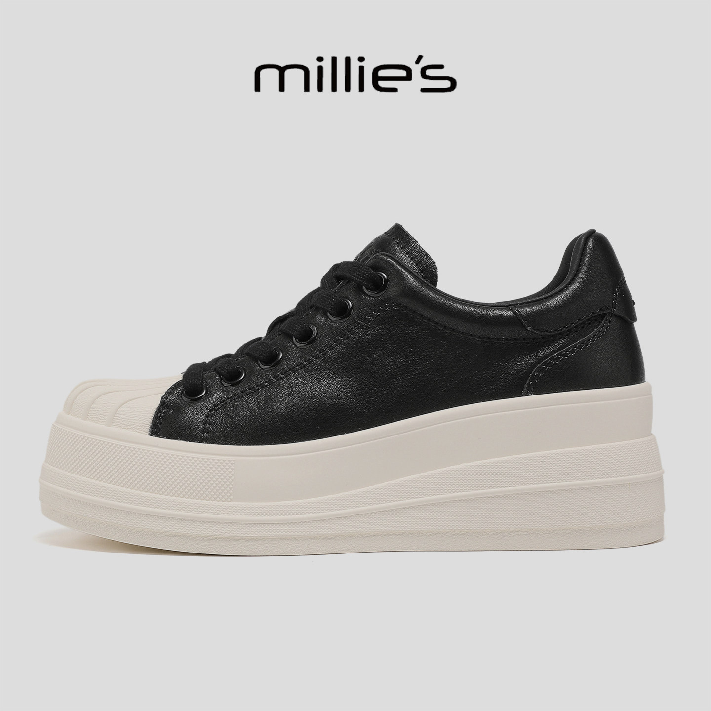 MILLIE'S/妙丽巨好看贝壳头厚底板鞋女黑色百搭休闲增高松糕鞋