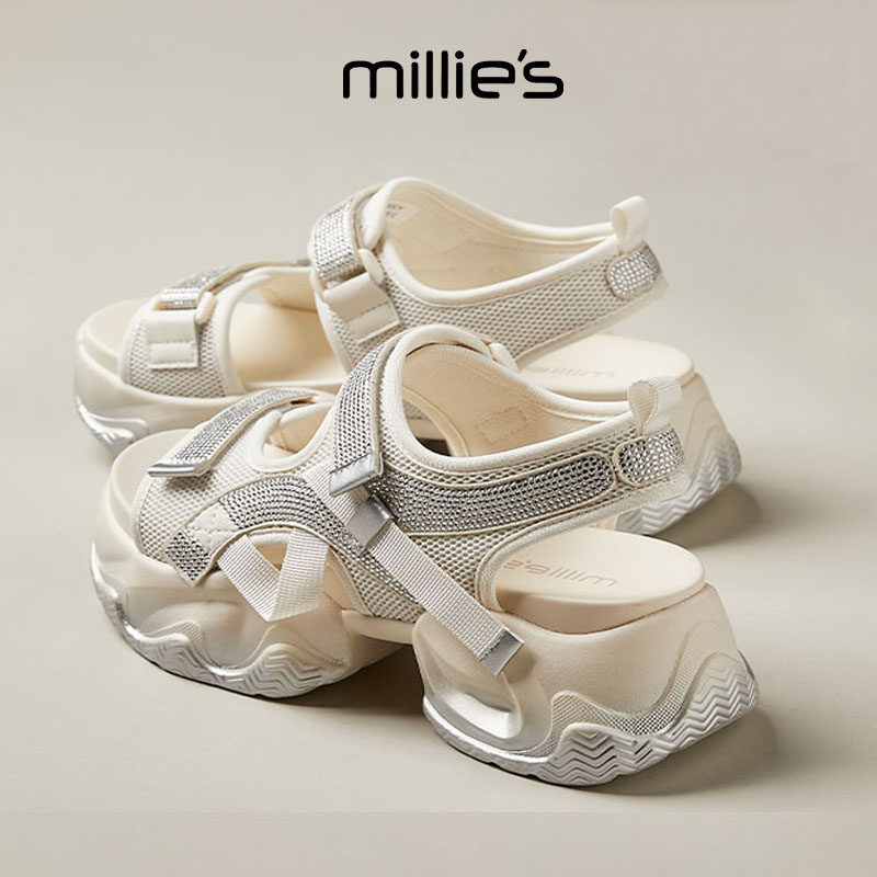 MILLIE'S/ 妙丽增高厚底女鞋水钻设计感时尚休闲百搭一字扣带凉鞋