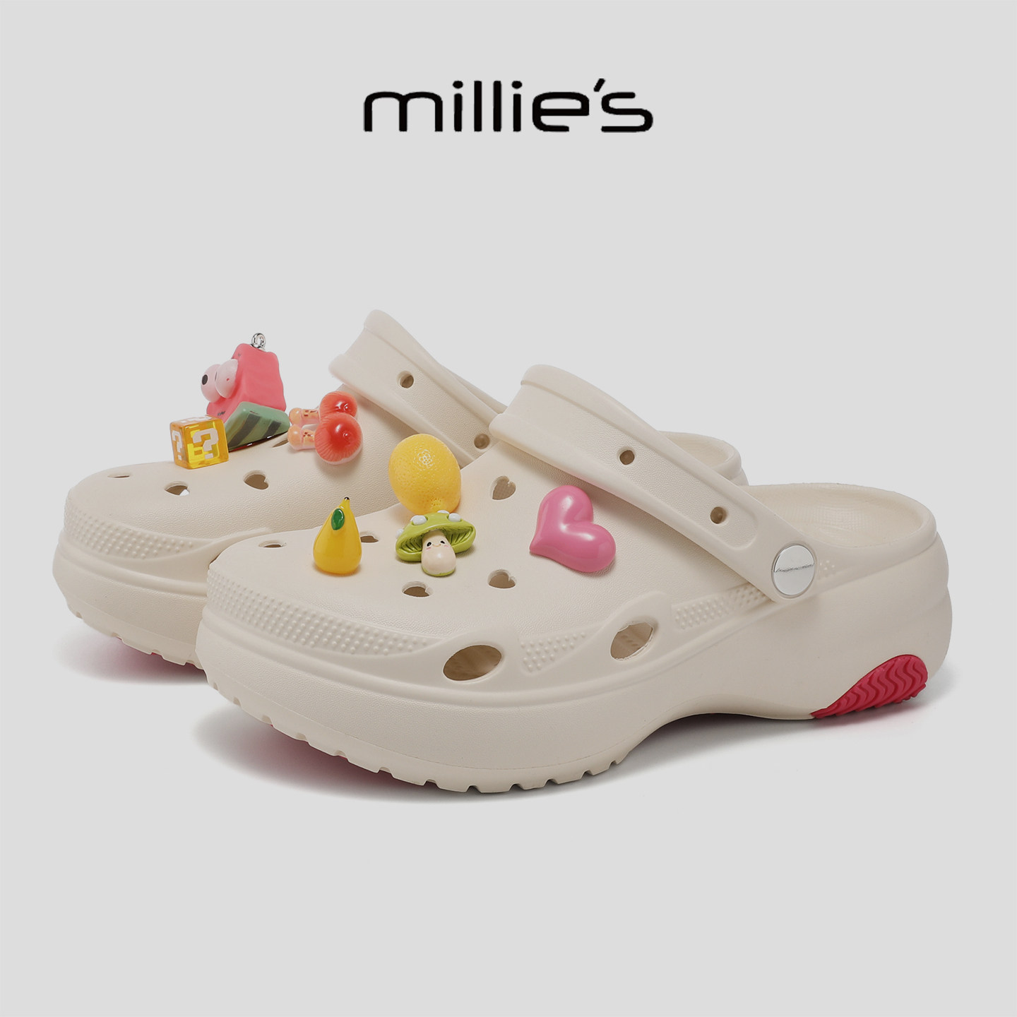 MILLIE'S/妙丽绝美厚底洞洞鞋女夏季装饰扣防滑透气花园风凉拖鞋