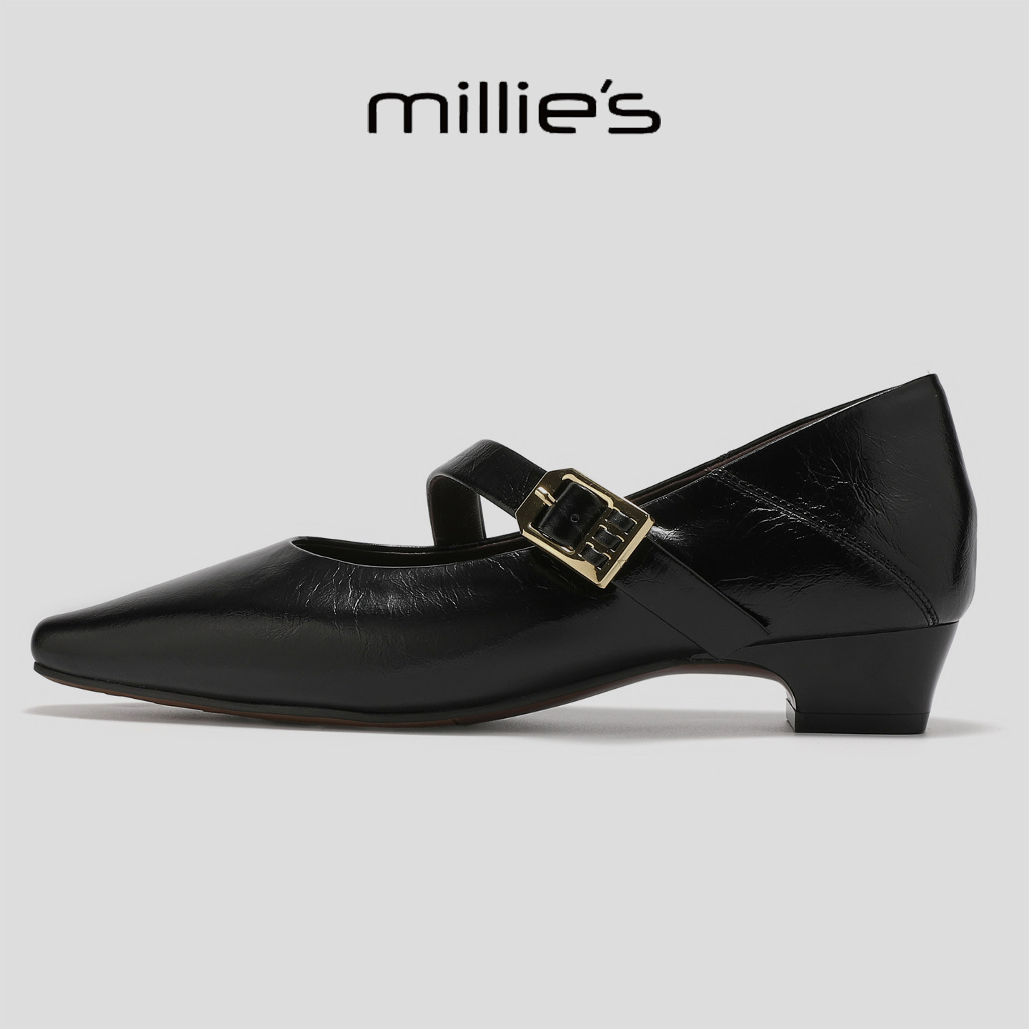MILLIE'S/妙丽复古轻熟风黑色真皮玛丽珍鞋女一字扣尖头低跟单鞋,女鞋,时尚芭蕾鞋,淘宝优惠券,粉丝福利购,淘宝优惠卷