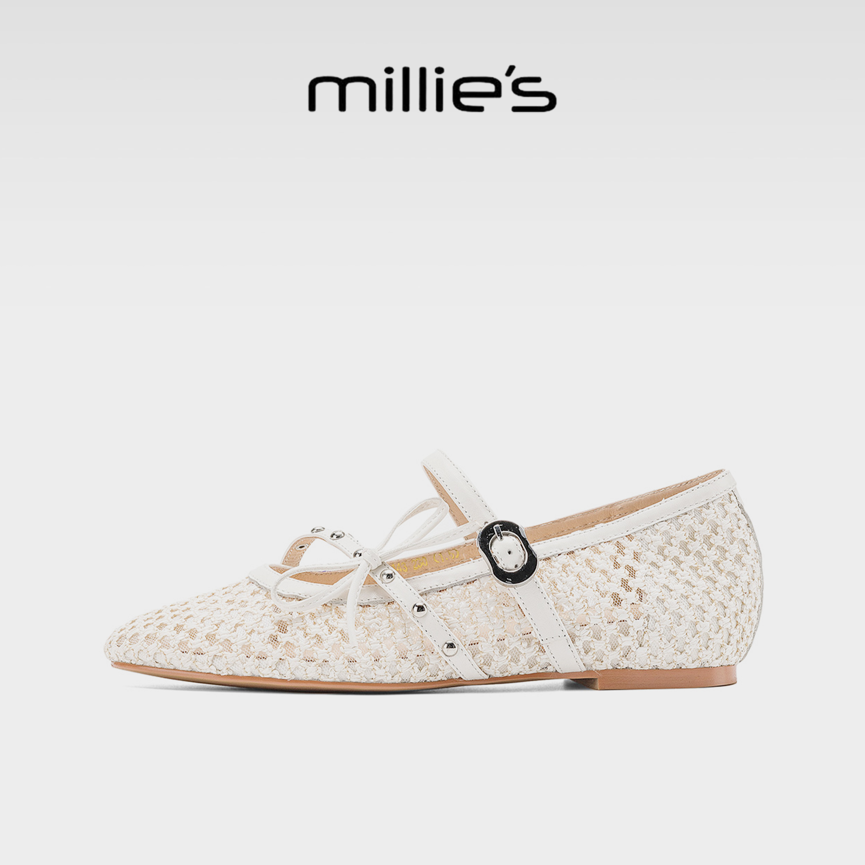 MILLIE'S/妙丽系带圆头通勤镂空编织玛丽珍鞋女夏季透气绑带平底G