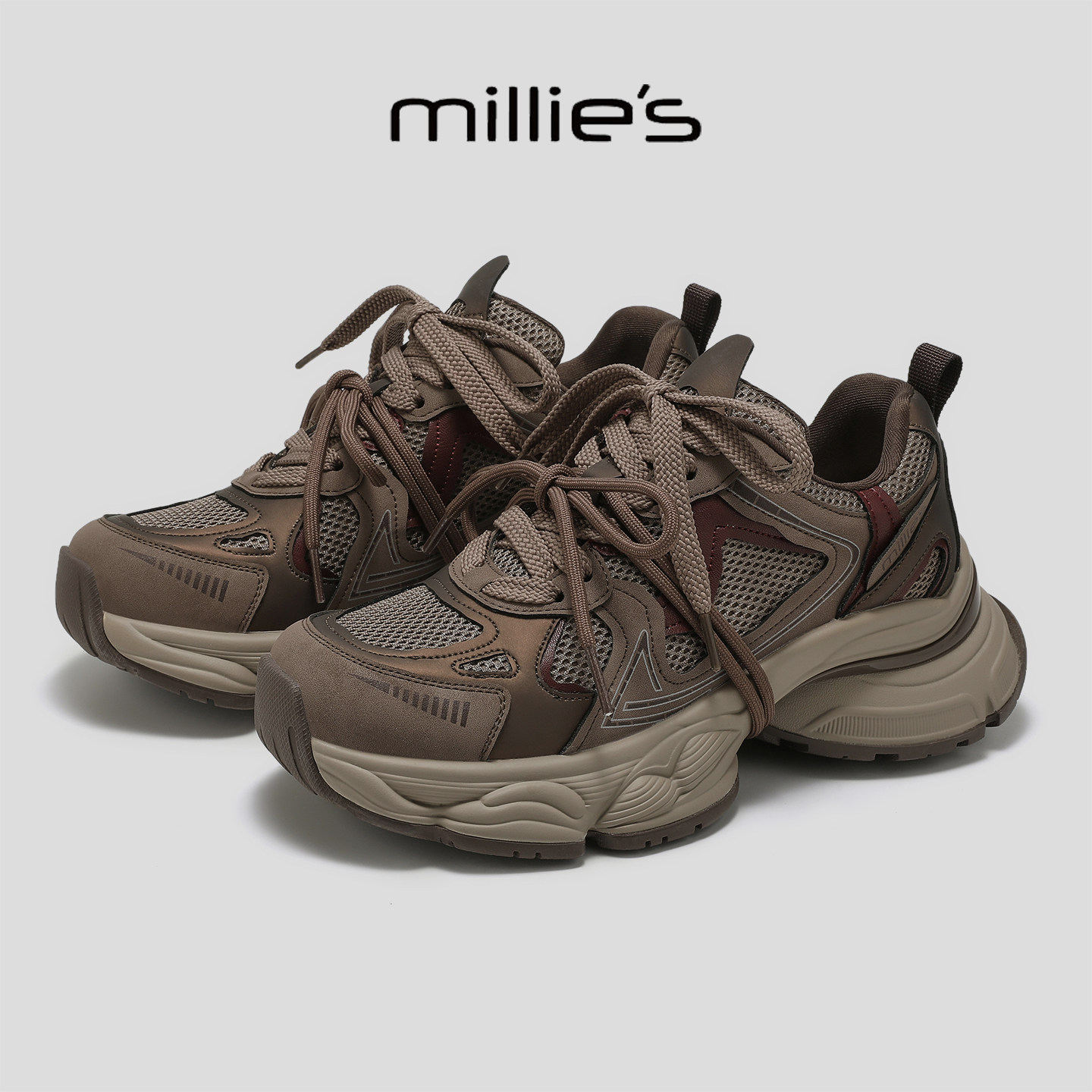 MILLIE'S/妙丽2026春季新款网面透气老爹鞋厚底增高休闲运动鞋女