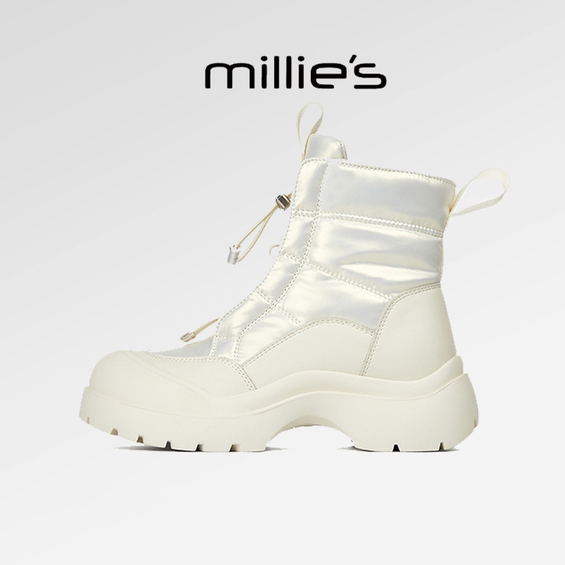 millies妙丽女靴 厚底增高高帮交叉绑带金属扣拼接加绒马丁靴冬季