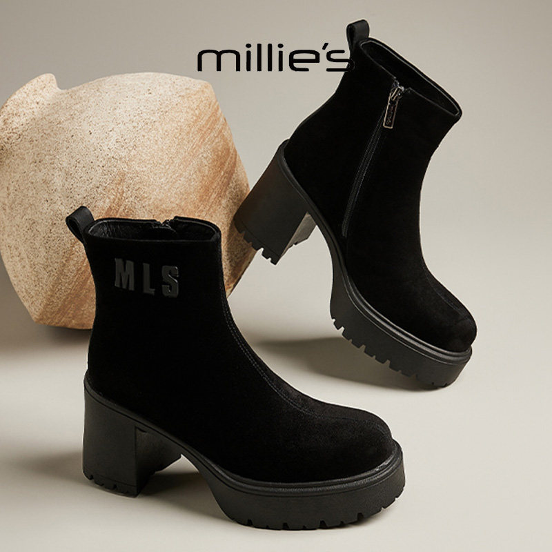 MILLIE'S/妙丽2026冬季新款加绒拉链增高小个子短靴坡跟马丁靴女