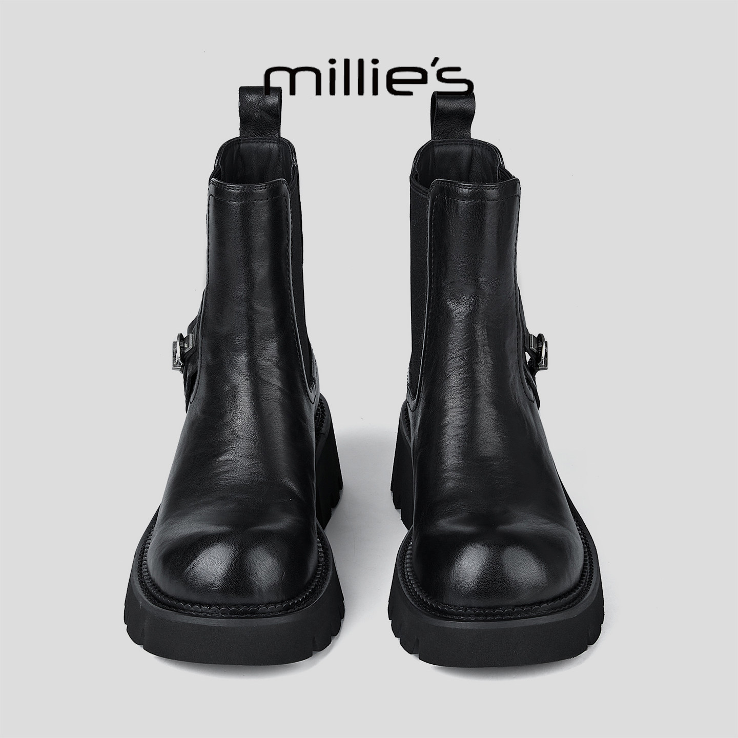 MILLIE'S/妙丽2025新款冬季加绒切尔西靴女款真皮靴子马丁靴短靴