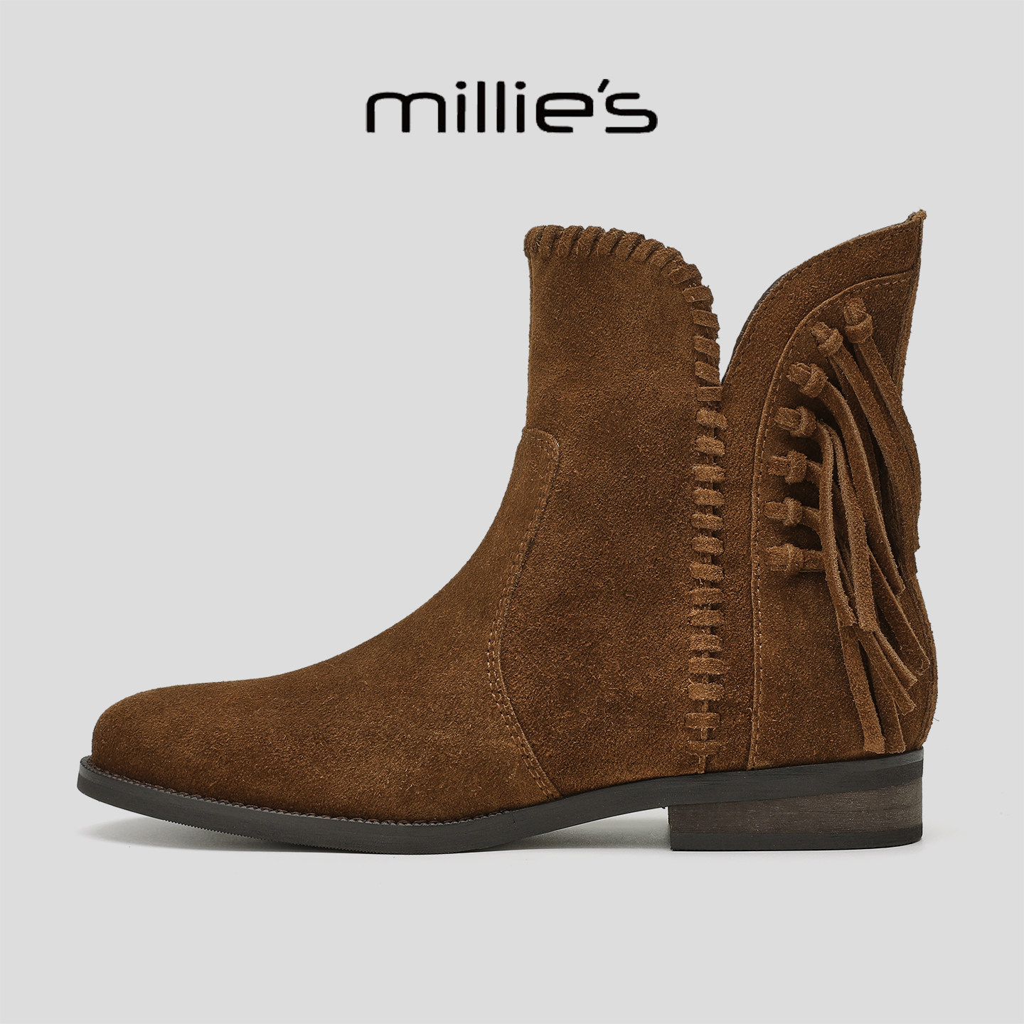 MILLIE'S/妙丽2026新款流苏磨砂皮欧美风小个子加绒保暖厚底女靴