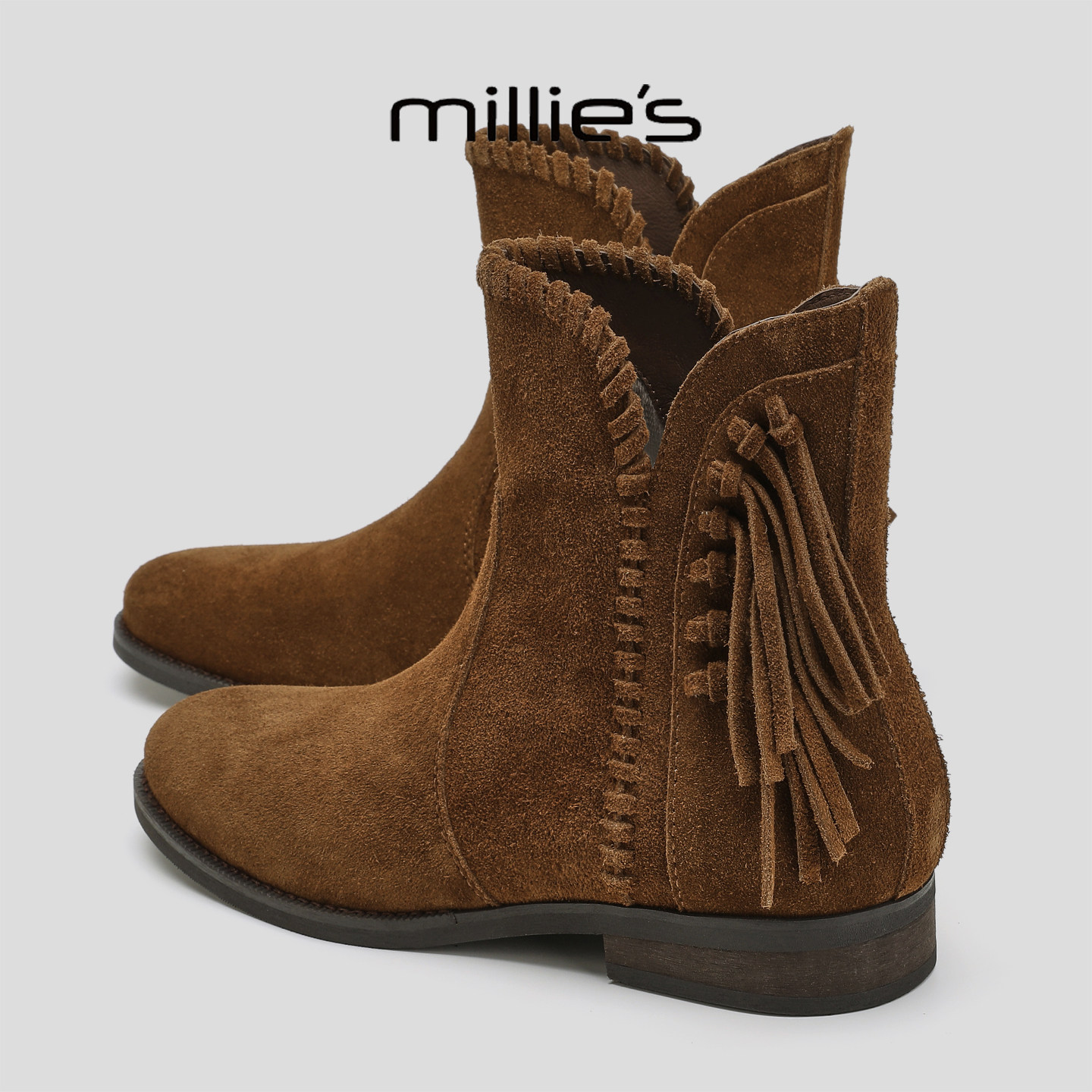 MILLIE'S/妙丽2026新款流苏磨砂皮欧美风加绒保暖厚底女靴Q