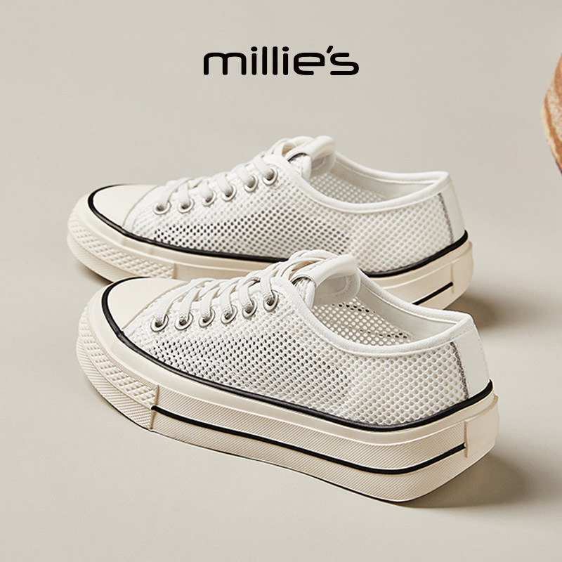 MILLIE'S/妙丽春季镂空平底板鞋女学院风亲肤透气舒适休闲小白鞋